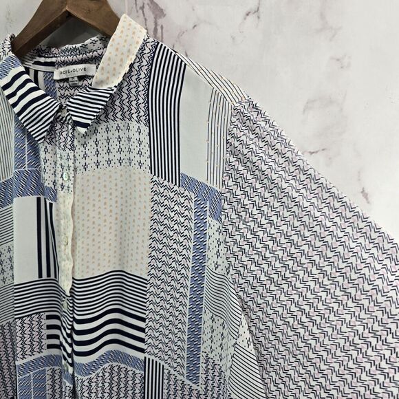 Rose And Olive Top Womens 2X Blue White Blouse Button Up Striped Patchwork - Picture 11 of 12